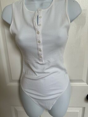 American Eagle Outfitters White Ribbed Henley Tank Bodysuit